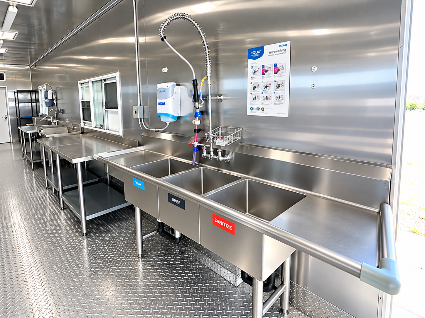 Dishwashing machine and stainless steel work surfaces inside a commercial trailer